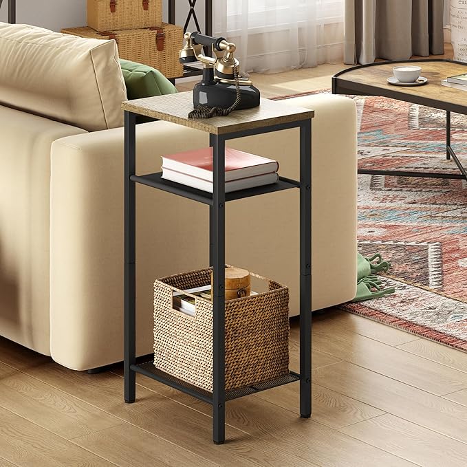 Hoctieon 2-Set 3 Tier End Table, Telephone Table Set of 2, Tall Side Table with Storage Set of 2, Small Nightstand for Small Spaces, Metal Frame, for Living Room, Bedroom, Sofa Couch, Hallway, Greige