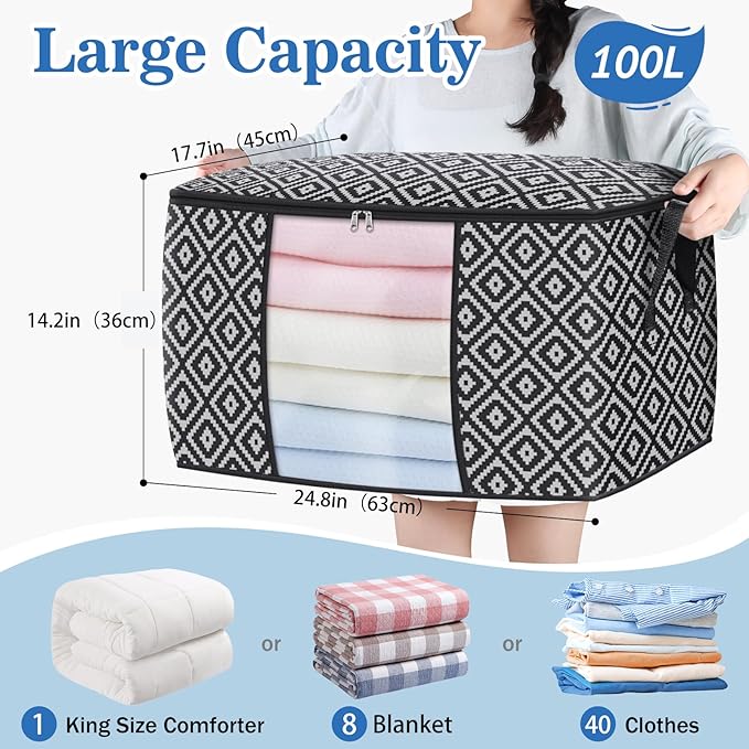 Direct 100L, 4 Pack, Storage Containers, Large Clothes Storage Bins Foldable Organization and Storage Bags with Reinforced Handle, Clear Window for Bedding, Blankets, Clothing, Black-NeatNest
