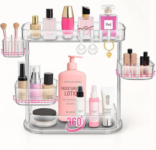 3 Tier Bathroom Organizer Countertop Rotating Makeup Tray Counter Storage Vanity and Skincare Shelves Clear