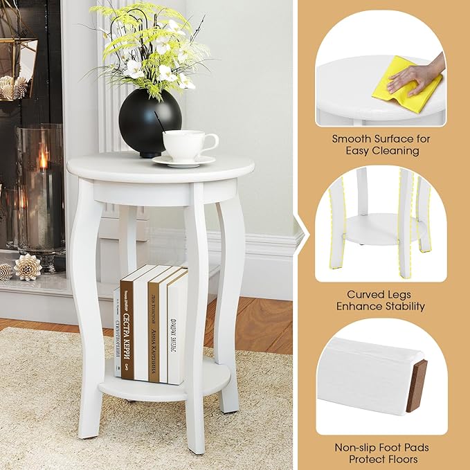 GOFLAME 2-Tier Round End Table, Mid-Century Modern Sofa Side Table with Storage Shelf, Solid Wood Legs, Compact Accent Table, Nightstand for Living Room, Bedroom, Small Space, White