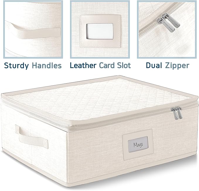 Coffee Mug Storage, 2 Pack Quilted and Stackable Coffee Cup Storage Organizer for Service of 24, Mug Storage Box with Dividers, China Containers Hard Shell for Moving and Organization, Cream-NeatNest