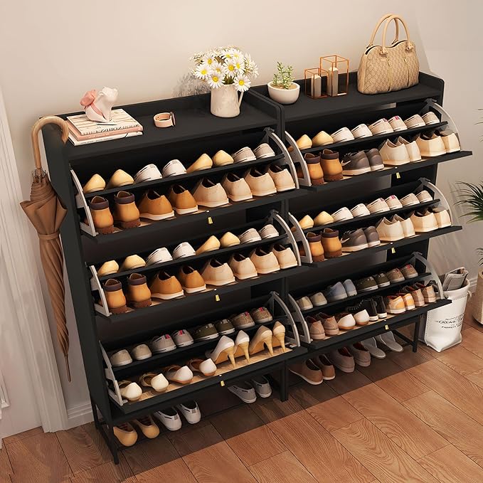 AVZEAR Shoe Cabinet, Shoe Cabinet Freestanding Tipping Bucket Shoe Rack Organizer with 3 Flip Drawers, Modern Entryway Narrow Shoe Rack for Entryway, Hallway, Bedroom (Black)-NeatNest