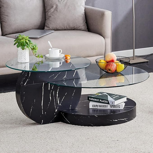 Glass Coffee Tables for Living Room Round Coffee Tables Modern Double Layer Round Table Circle Coffee Table for Small Space Home Office (42 Inch Black)