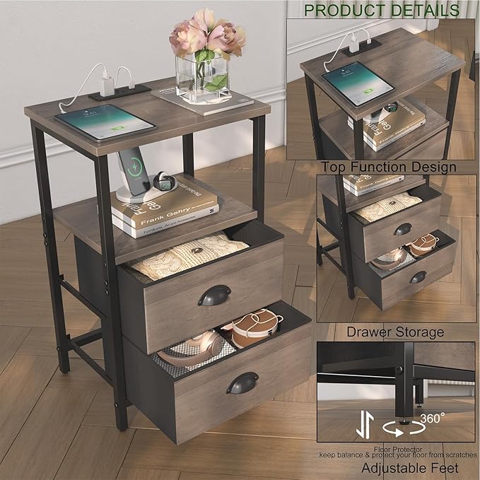Nightstand with Charging Station, LED Night Stand with 2 Fabric Drawers, Grey Bedside Tables End Table with Drawers, 2-Tier Storage Side Table Nightstand with Drawers for Bedroom, Grey