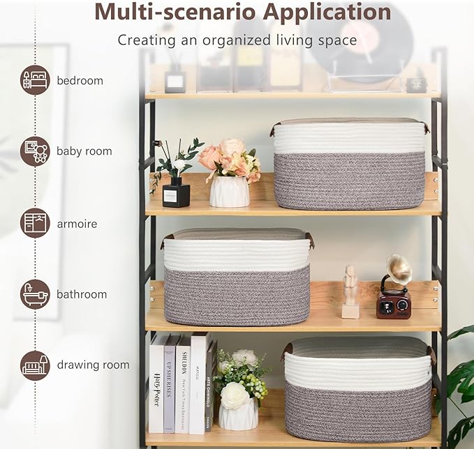 Cotton Rope Basket , Storage Baskets with Handle, 15x10x9 Inch Woven Basket for Shelves, Laundry, Towels, Clothes, Books, Toys (White Brown 3 Pack)-NeatNest