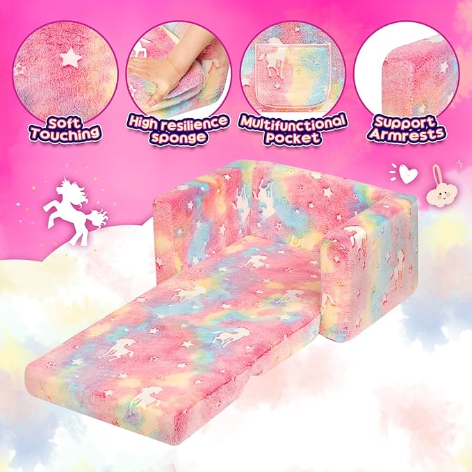 ALIMORDEN 2-in-1 Flip Out Cuddly Sherpa Toddler Couch, Convertible Sofa to Lounger,Glow-in-The-Dark Unicorn Pattern-NeatNest