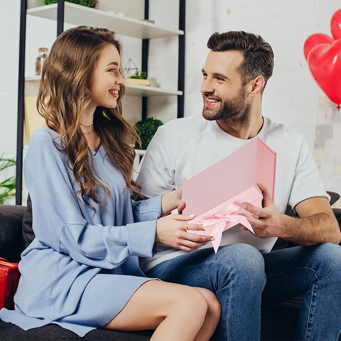 DaiJoob Gift Box with Lid for Presents 10.5x7.5x3.1 Inches with Ribbon and Magnetic Closure(1-Pack) (Pink)-NeatNest