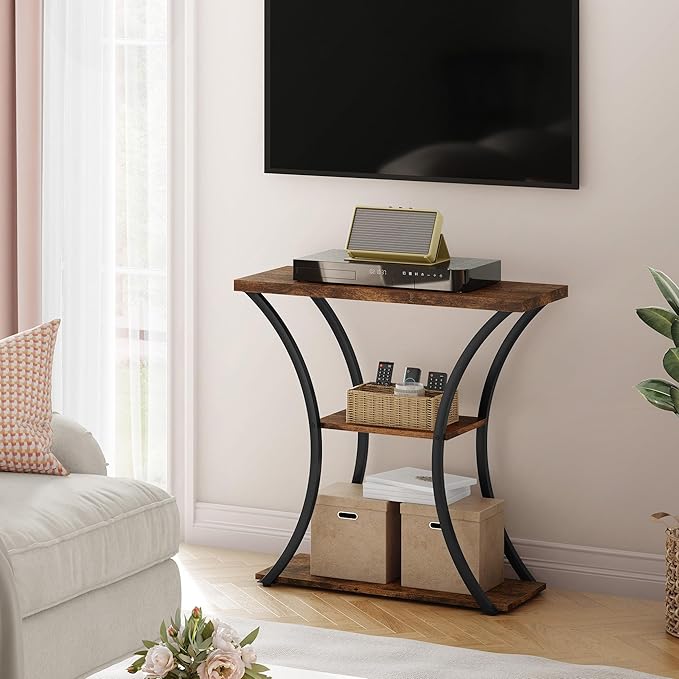 Hoctieon 3 Tier Console Table with Open Wood Shelves, Decorative Entryway Table with Curved Metal Frames, Narrow Sofa Table for Entrance, Living Room, Hallway, Rustic Brown+Black-NeatNest
