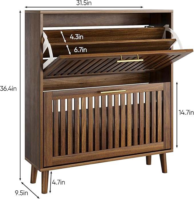 Vibe & Dine Shoe Cabinet with 2 Flip Drawers, Narrow Shoe Organizer with Gold Handles, Freestanding Shoe Storage Cabinet for Entryway Slim, Wood Shoe Rack for Hallway, Bedroom, Walnut-NeatNest