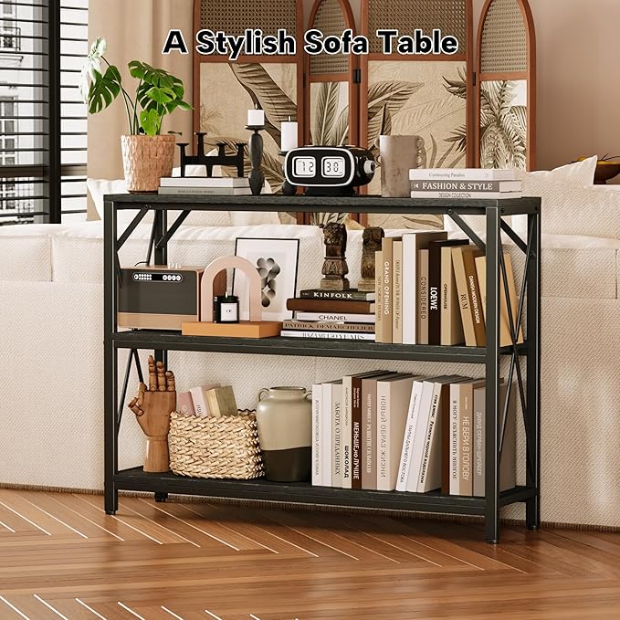 Homeiju Entry Table 40" Width, 3-Tier Entryway Table with Storage, Industrial Sofa Table with Open Shelves, Foyer Tables for Entryway, Hallway, Kitchen, Living Room and Bedroom, Black-NeatNest