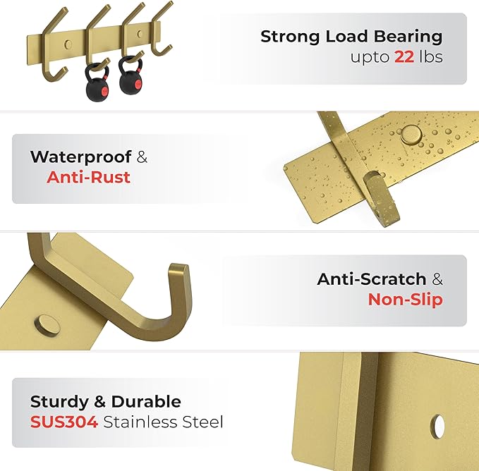 Brushed Gold Wall Mounted Coat Rack – 12 Inch Stainless Steel Rail with 4 Double Coat Hooks for Entryway, Bathroom, Bedroom, Kitchen – Modern Gold Hook Rack for Coats, Hats, Towels-NeatNest
