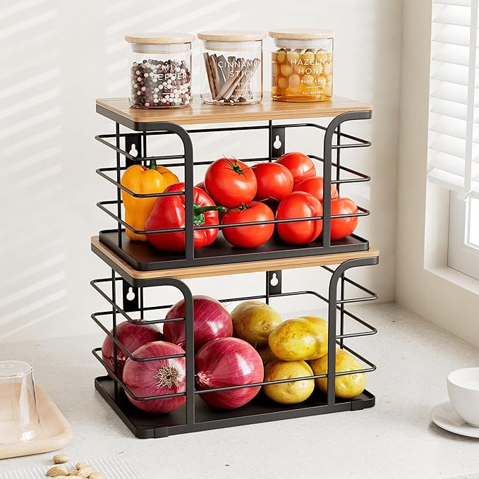 2 Pack Onion Storage,Stackable Pantry Organizers and Storage with PP Liner and Bamboo Top,Kitchen Organization Counter Basket for Fruits,Produce,Vegetable, Black