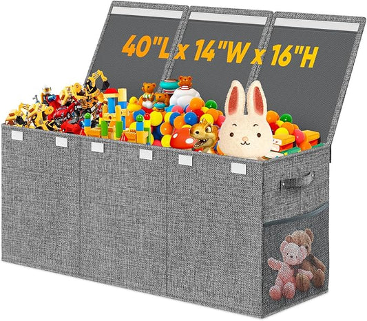 Extra Large Toy Storage Box with Lid Divider, Sturdy Collapsible Toys Organizer Chest Kids Storage Bins Boxes Baskets for Boys, Girls, Nursery, Bedroom, Living Room, Playroom, 40"x14"x16", Gray