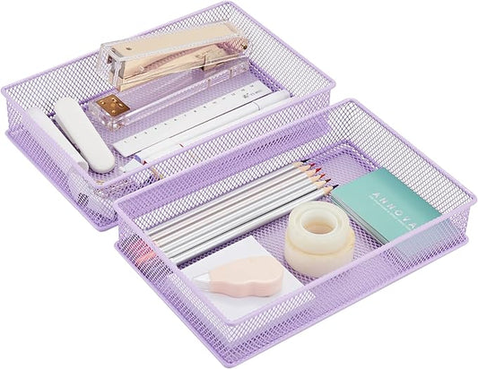 Annova Mesh Stackable Drawer Cabinet and Shelf Organizer Bins Storage Basket School Office Supply Holder Tray- Set of 2 (Light Purple, 6x9x2 Inch)-NeatNest