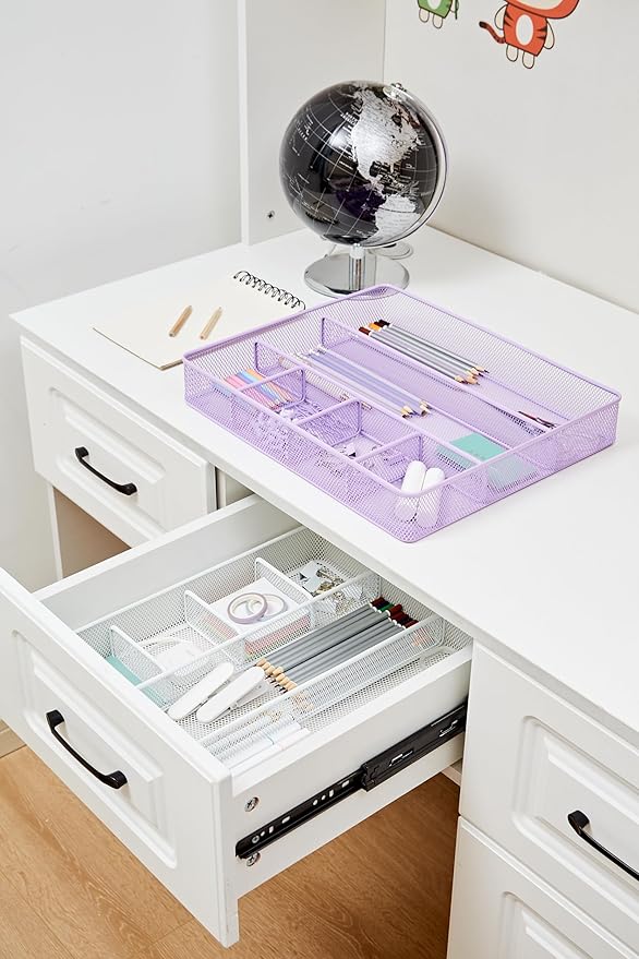 Annova Desk Top Organizer Tray for Office Organization - Metal Mesh - Storage Tray with Dividers for Pens, Desktop Accessories, Bathroom, Kitchen, Makeup and Office Supplies (Large, Purple)-NeatNest