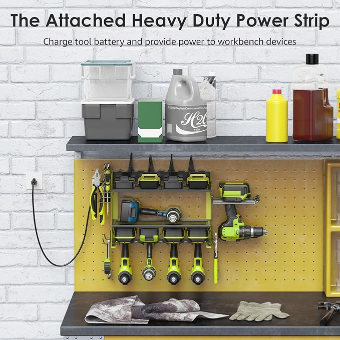 CCCEI Modular Power Tool Organizer Wall Mount Charging Station, Green 6 Drills Holder with 8 Plug Power Strip 6FT, Garage Drill Battery Heavy Duty Metal Shelf, Utility Rack with Hooks, Side Storage.-NeatNest