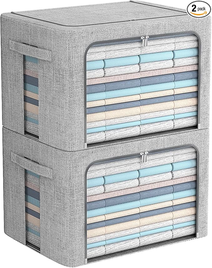2 Pack Clear Window Storage Bins Stackable Linen Fabric Storage for Clothes Foldable Box Organizer Set with Carrying Handles(Light Gray, 15.7X 11.8X 11.7 Inch)-NeatNest