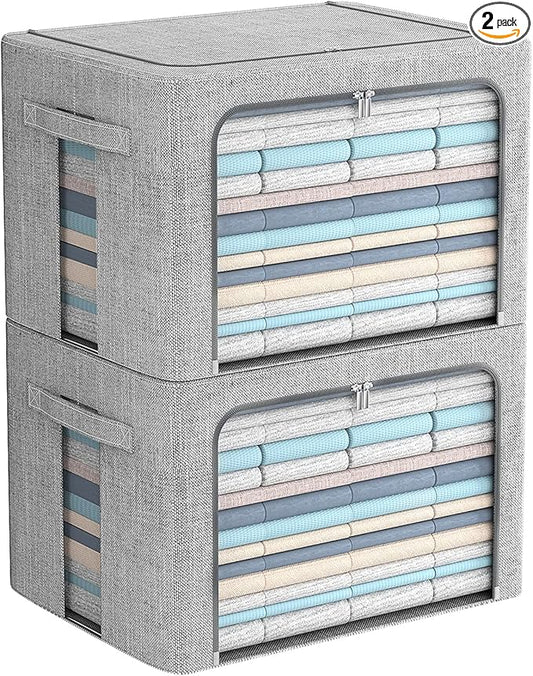 2 Pack Clear Window Storage Bins Stackable Linen Fabric Storage for Clothes Foldable Box Organizer Set with Carrying Handles(Light Gray, 15.7X 11.8X 11.7 Inch)-NeatNest