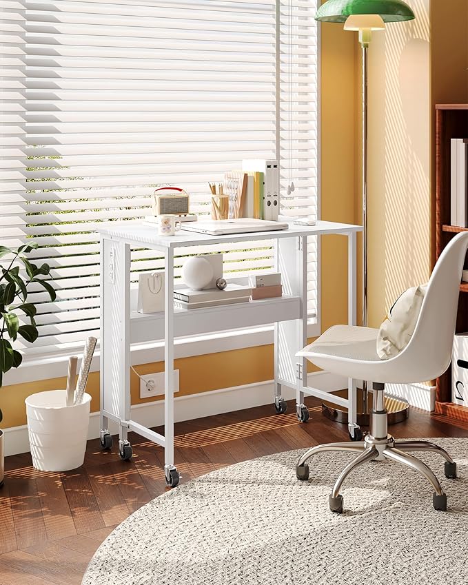 31.5" Modern White Folding Computer Desk with Power Outlets, Wheels, Storage, Perfect for Small Spaces White TDN01UWB-NeatNest