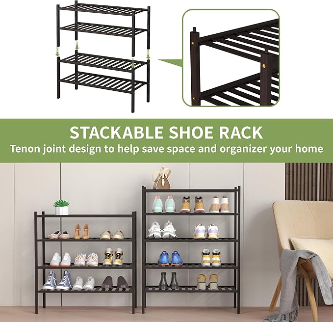 4 Tier Bamboo Shoe Rack for Closet Free Standing Wood Shoe Shelf for Entryway Small Space Stackable 27"x11"x26" (Brown)-NeatNest