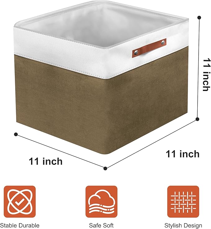 11in Open Fabric Storage Basket with Leather Handles for Organizing, Collapsible Linen Closet Bins for Shelves, Closets, Laundry, Decorative Basket for Gifts. (White＆Brown, 2PCS/11x11in)-NeatNest