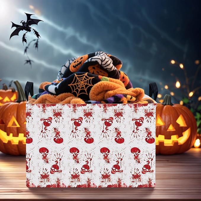 Halloween Basket Gift Terror Ghost Parties Decor Kid Trick or Treat Basket for Boys and Girls Rectangular Storage Bin Box (Blood Fingerprint)-NeatNest