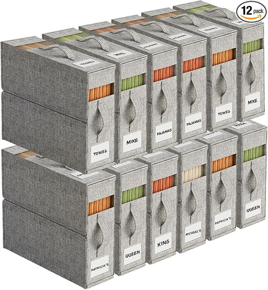 12Pack Sheet Organizers and Storage with Handles – Foldable Linen Closet Storage for King & Queen Sheet Sets – Clear Window & Removable Labels – Dustproof & Space-Saving Design, Grey-NeatNest