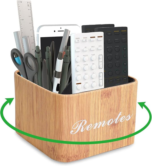 Hennaja Square Leather Art Supply Organizer,Remote Control Holder with Removable Dividers,360°Rotatable Pencil Holders,4 Compartments Organizer for Office Supplies Storage Box(1-Beige)-NeatNest