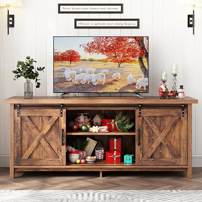 70" Farmhouse TV Stands for 70 75 80inch TV w/Adjustable Shelves,Sliding Barn Door.Wooden Entertainment Center,TV Console Cabinet with Storage for Bedroom Living Room(Brown 70in)-NeatNest