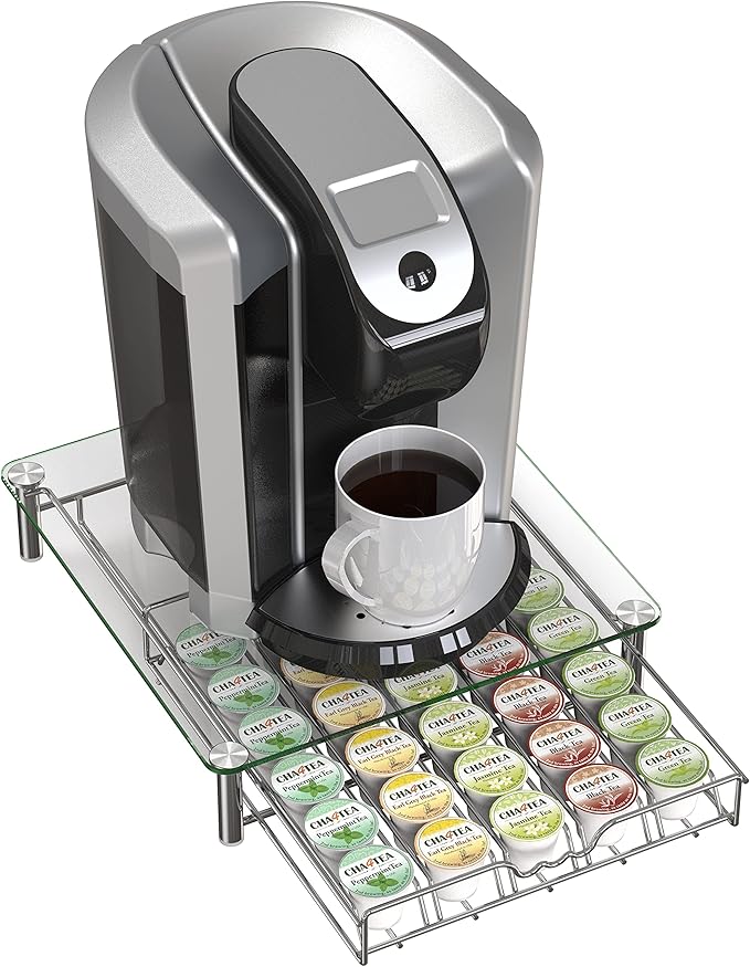 Deco Brothers Crystal Tempered Glass K-Cup Holder Drawer for 30 Coffee Pods Storage, Chrome-NeatNest