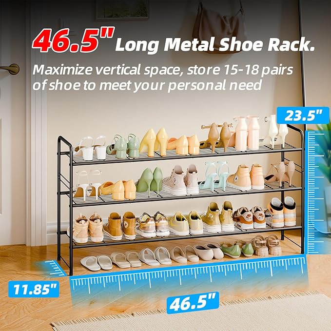 3 Tier Shoe Rack for Closet, 46.5 Inch Extra Long Shoe Storage Organizer for Shelves, Heavy Duty Metal, Easy Assembly, Black-NeatNest