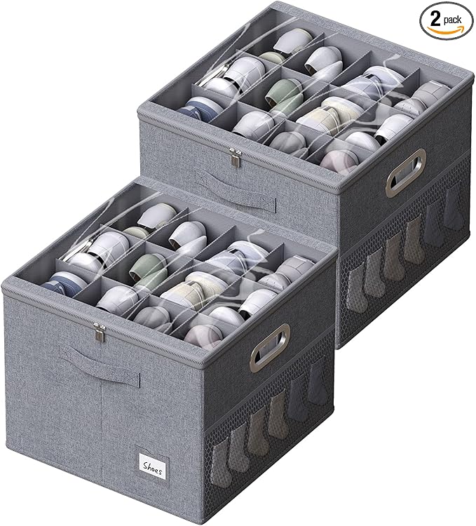 2 Pack Shoe Organizer for Closet Large Shoe Box Storage Containers with Clear Window Space Saving Shoe Bin with Foldable Bottom Support Adjustable Dividers Fits 32 Pairs (Grey, (16.5*16.5*13in)*2)-NeatNest