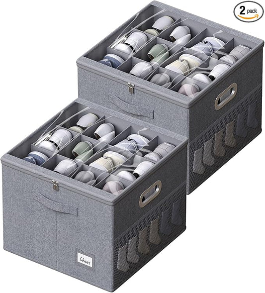 2 Pack Shoe Organizer for Closet Large Shoe Box Storage Containers with Clear Window Space Saving Shoe Bin with Foldable Bottom Support Adjustable Dividers Fits 32 Pairs (Grey, (16.5*16.5*13in)*2)-NeatNest
