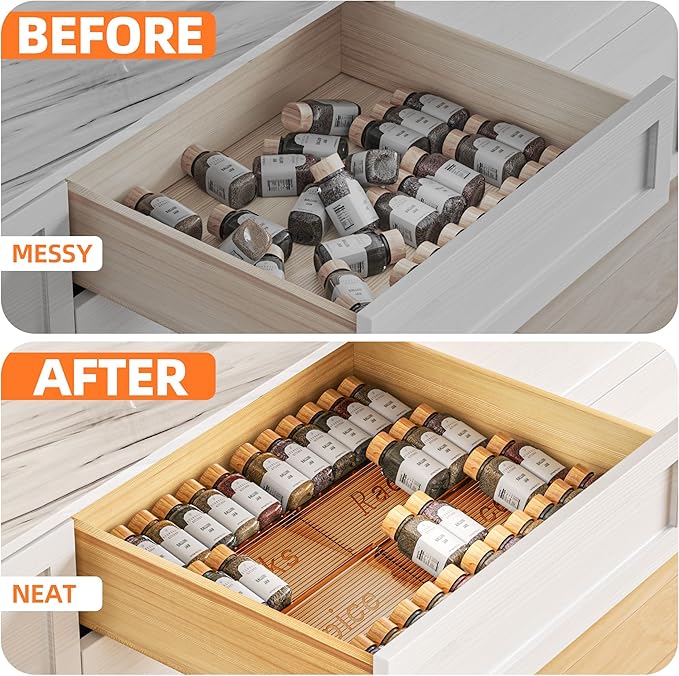 Spice Drawer Organizer, 4 Tier- 4 Pack Amber Acrylic Drawer Seasoning Organizer, Expandable From 11'' to 22'' Kitchen Spice Rack Organizers and Storage for Drawer (Jars not included)
