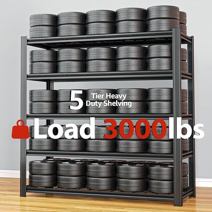 5 Tier Metal Storage Shelves, 3000LBS, 84" H x 55.12" W x 23.62" D, Heavy Duty Garage Shelving, Adjustable Shelving Unit for Warehouse, Basement, Kitchen, Store Display, Flower Stand, Black-NeatNest
