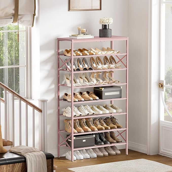 8-Tier Tall Shoe Rack Organizer Shoe Storage for Entryway 24-32 Pairs Metal Shoe Rack for Closet Heavy-Duty Shoe Rack with Wooden Top Shelf for Garage Pink-NeatNest