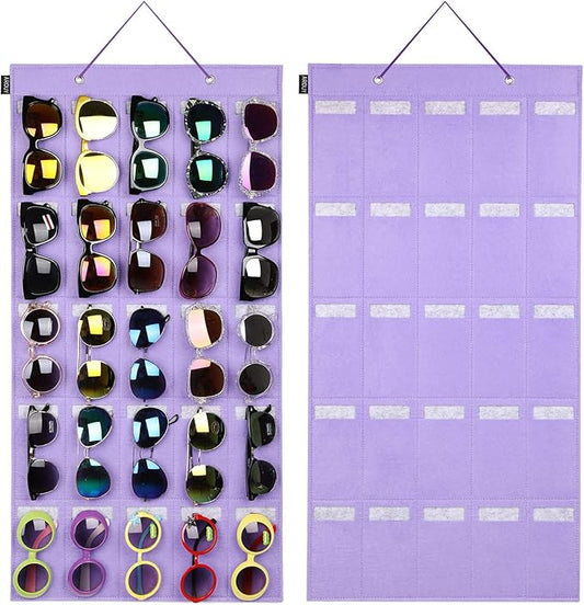 AROUY Sunglasses Organizer - Hanging Wall Pocket with 25 Felt Slots, Metal Hook and Sturdy Rope (Purple, Large)-NeatNest