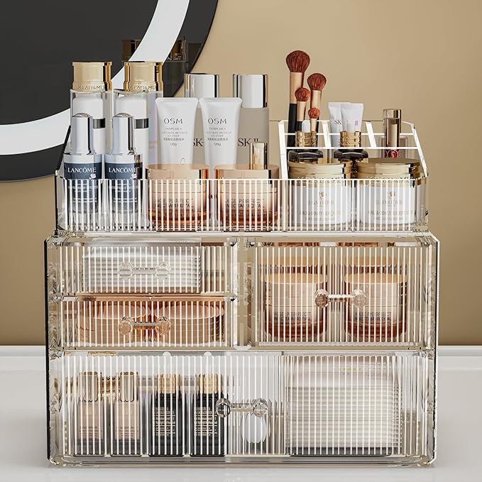 ZHIAI Stackable Storage Drawer, Acrylic Organizer, Cosmetic Organizer for Dresser, Vanity, Kitchen Cabinet, Bathroom, Under Sink, Home Organization and Storage (1 Top 3 Drawers)-NeatNest