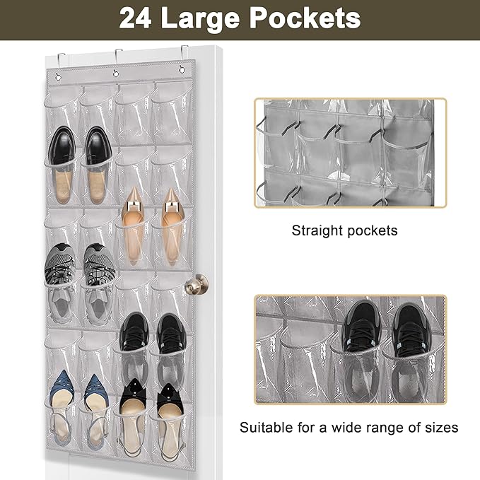Over The Door Shoe Organizer - Space Saving Shoe Rack for Closet Door with 24 Pockets and Hook, Shoe Holder Back of Door Organizers for Shoes, Gray Hanging Shoe Organizer (Gray)-NeatNest
