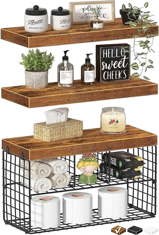Bathroom Floating Shelves for Wall - Shelf Over Toilet Storage Small Farmhouse Decor Shelves (15.7 inch, Set of 3, Rustic Brown)-NeatNest
