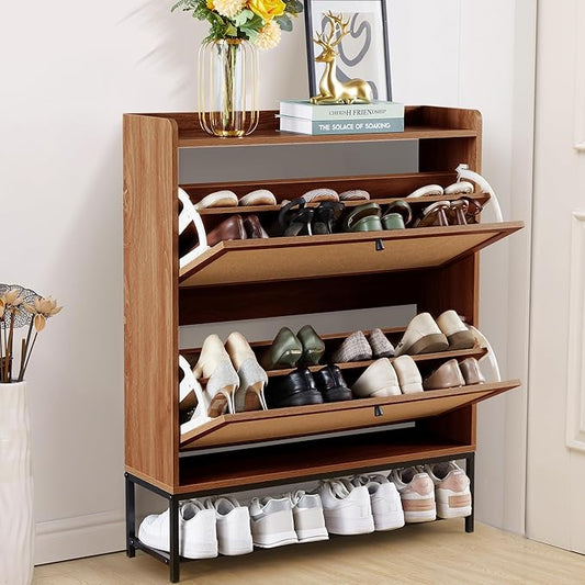 LEVNARY Shoe Storage Cabinet with 2 Flip Drawers, Wooden Narrow Shoe Cabinet Storage for Entryway, Freestanding Shoe Rack Organizer Cabinet with Metal Legs for Hallway (1, Walnut)-NeatNest