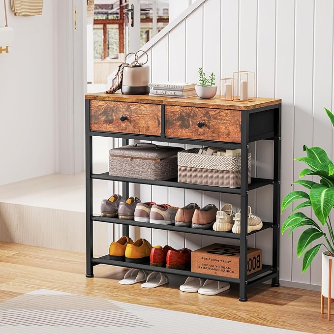 usikey Shoe Rack, 4 Tier Shoe Storage Organizer with 2 Drawers, Metal Shoe Shelf for 9-12 Pairs of Shoes, with 3 Fabric Shelves and Wooden Top, Shoe Stand for Closet Entryway, Rustic Brown-NeatNest