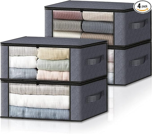 HomeHacks Storage 4-Pack Clothes Organizer Storage Bags Foldable Storage Box with Large Clear Window Sturdy Handles for Closet, Dorm, Pillows, Bedding, Clothes, Stuffed Toys, Blankets, Grey-NeatNest