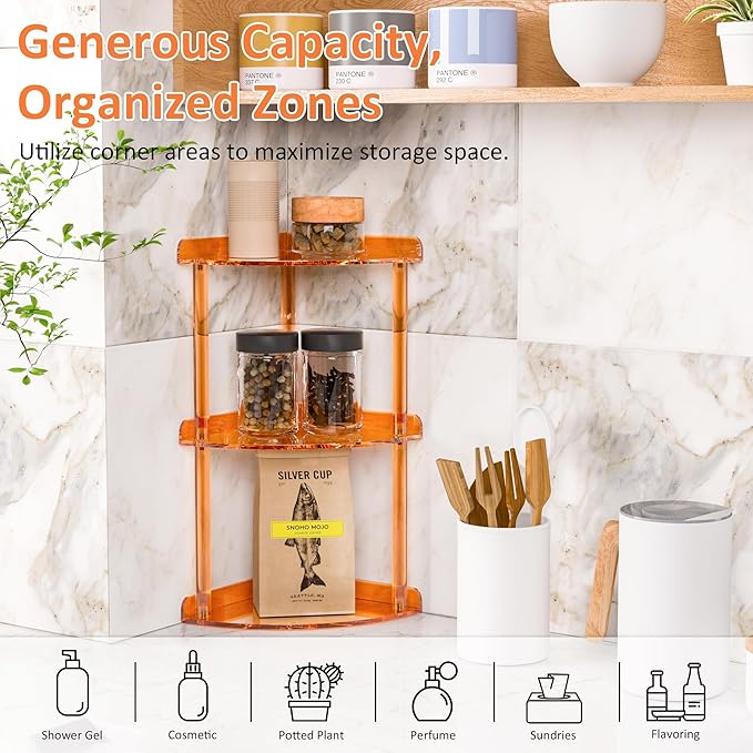 3 Tier Countertop Corner Organizer Shelf 7x7x15.7 Inch, Orange Countertop Acrylic Bathroom Corner Shelf, Vanity Storage Organizer for Cosmetics, Toiletries-NeatNest