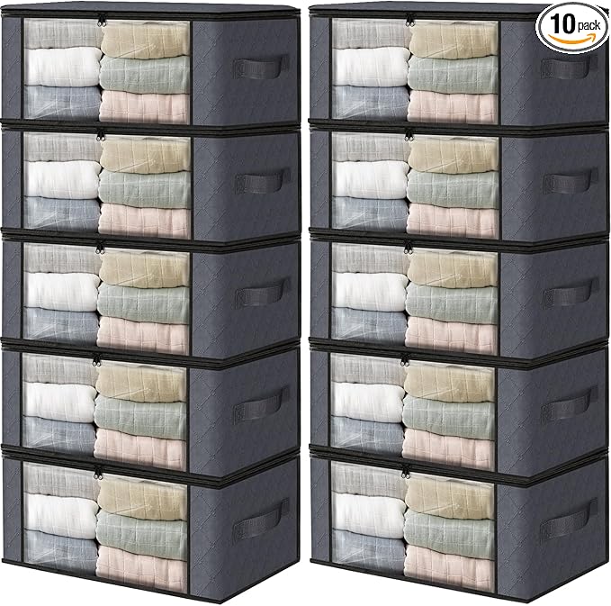 HomeHacks Storage 10-Pack Clothes Organizer Storage Bags Foldable Storage Box with Large Clear Window Sturdy Handles for Closet, Dorm, Pillows, Bedding, Clothes, Blankets, 35L, Grey-NeatNest