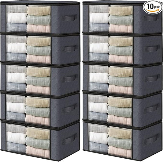 HomeHacks Storage 10-Pack Clothes Organizer Storage Bags Foldable Storage Box with Large Clear Window Sturdy Handles for Closet, Dorm, Pillows, Bedding, Clothes, Blankets, 35L, Grey-NeatNest