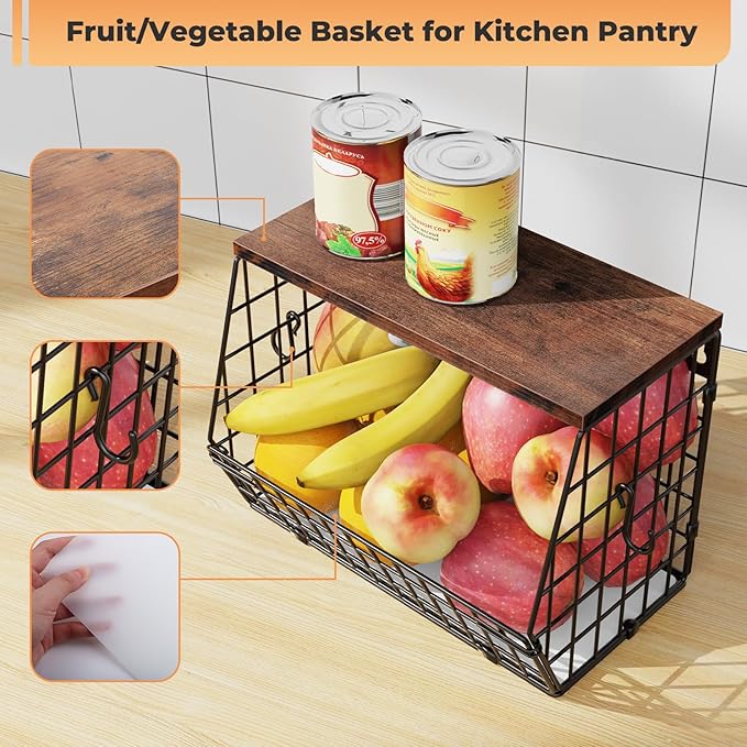 Fruit Bowl for Kitchen Counter Stackable Wall Mounted Hanging Basket Wire Basket with Wood Lid with Banana Hanger Hooks, Onion,Potato,Fruit and Vegetable Storage