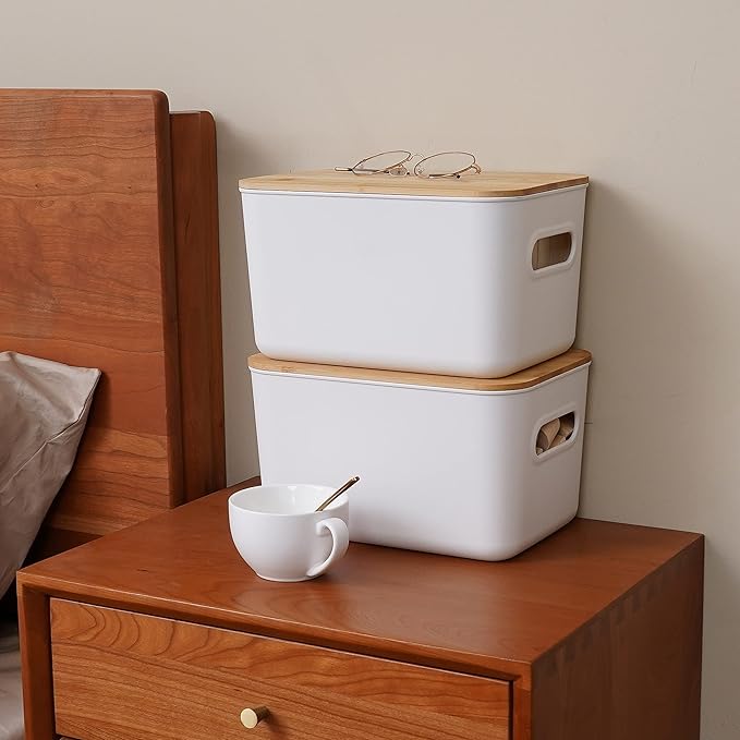 Citylife 4 PCS Storage Bins with Bamboo Lids Plastic Storage Containers for Organizing Stackable Storage Box with Handle, 10.23 x 7.08 x 6.3 inch-NeatNest