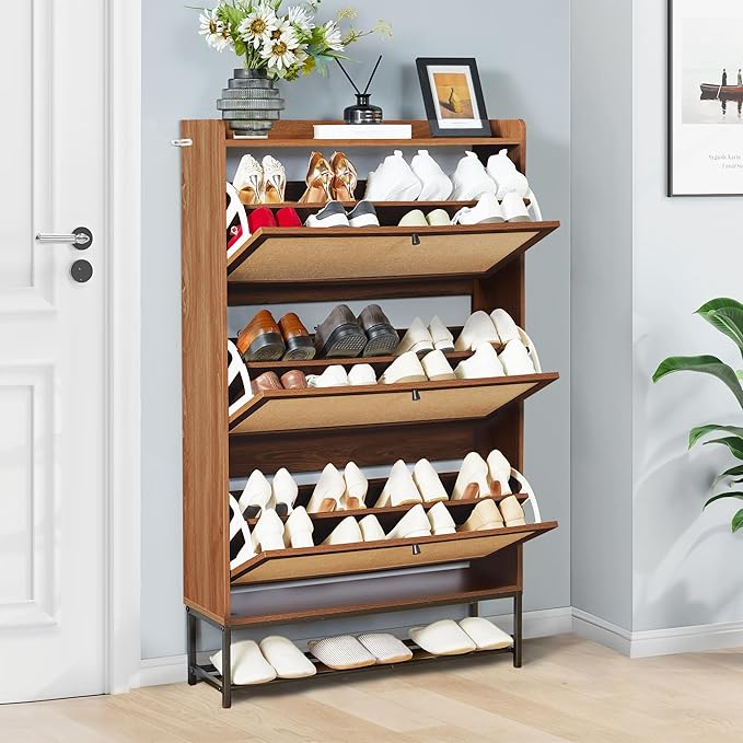 LEVNARY Shoe Storage Cabinet with 3 Flip Drawers, Freestanding Shoe Cabinet Storage Organizer for Entryway, Wooden Narrow Shoe Racks Cabinet with Metal Legs for Hallway (Walnut)-NeatNest