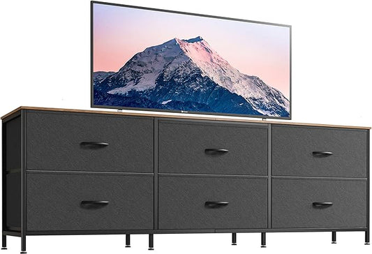 Huuger 63 Inch Long Dresser for Bedroom, Wide TV Stand for 55, 65, 70 Inch TV, 6 Drawer Dresser for Closet with Fabric Drawers, Storage Organizer for Bedroom, Entryway, Rustic Brown and Black-NeatNest